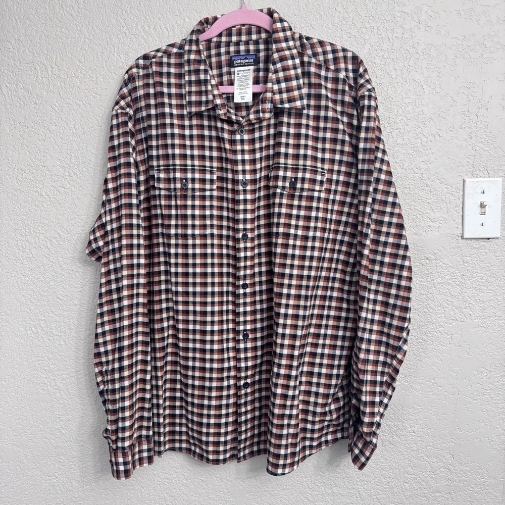 Patagonia Organic Cotton Plaid Button Up Shirt Men’s XXL Brown Blue Flannel